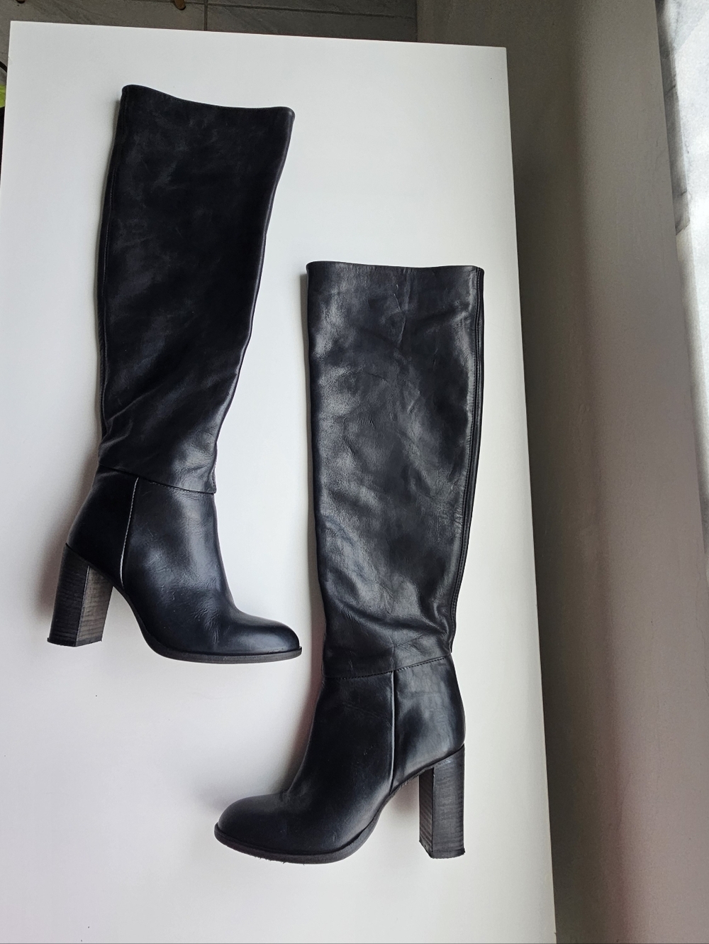 Free People Dakota Black Leather Wood Chunky Heeled Over Knee Boots - Picture 2 of 14